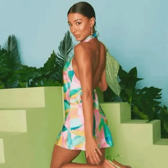 Show Me Your Mumu Jasmine Halter Mini Dress Burst Luxe Satin M - Picture 2 of 9